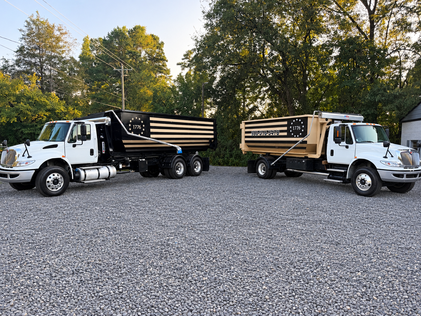 1776 Dumpster Rentals truck carrying a roll-off dumpster